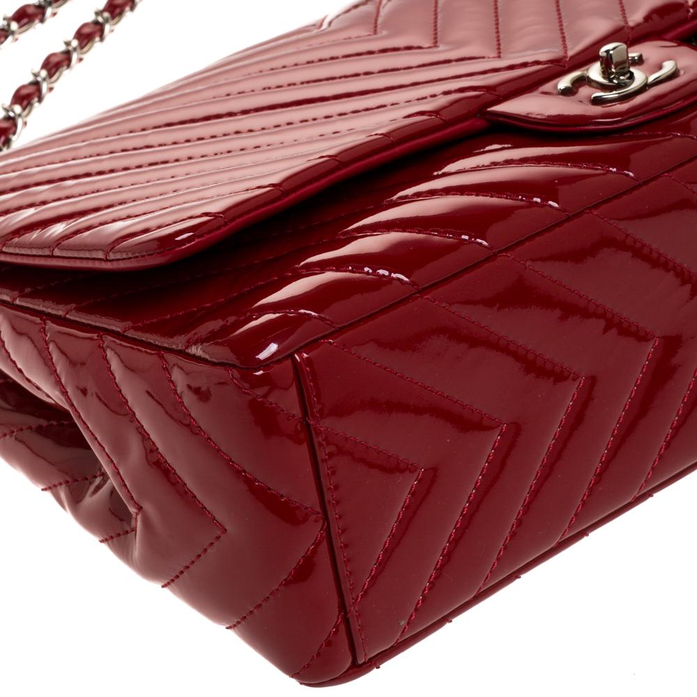 Chanel Red Chevron Patent Leather Maxi Classic Single Flap Bag 1
