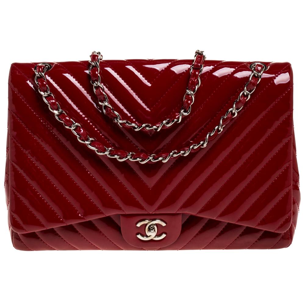 Chanel Red Chevron Patent Leather Maxi Classic Single Flap Bag