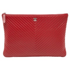 Chanel Red Chevron Quilted Caviar Leather Medium O'Case Pouch