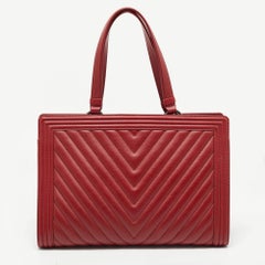 Chanel Red Chevron Quilted Leather Large Boy Shopper Tote
