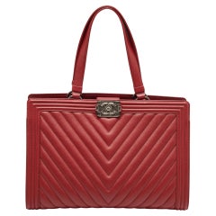 Chanel Red Chevron Quilted Leather Large Boy Shopper Tote