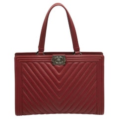 Chanel Red Chevron Quilted Leather Large Boy Shopper Tote