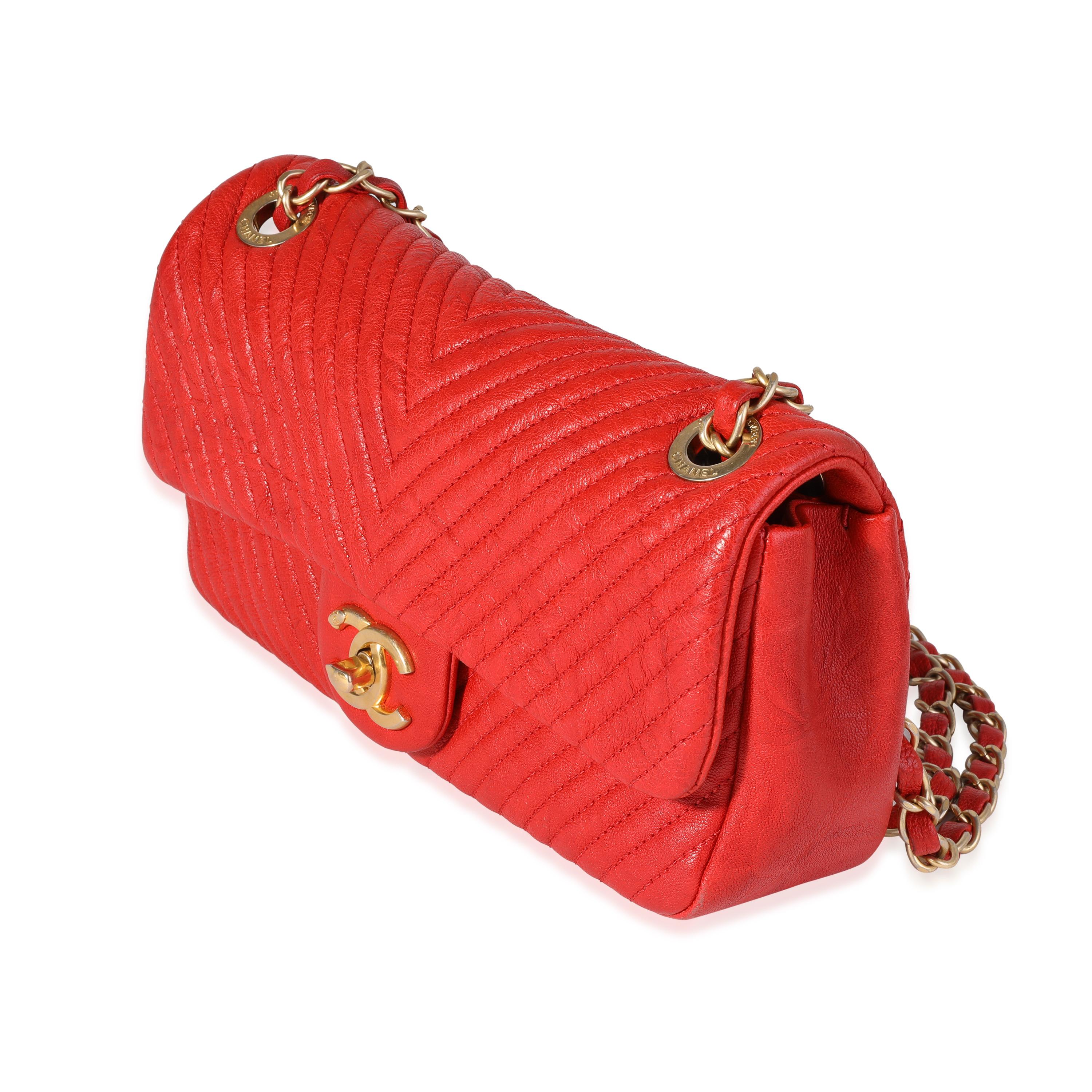 Chanel Red Chevron Wrinkled Leather Mini Rectangular Medallion Flap Bag In Excellent Condition In New York, NY