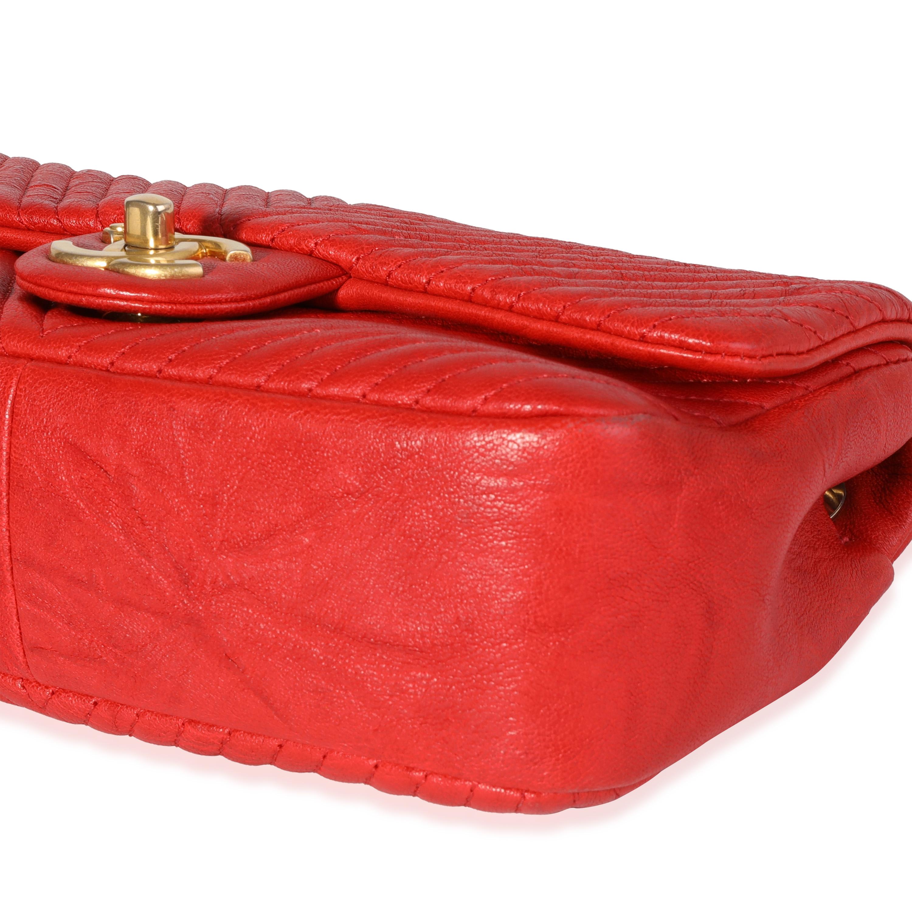 Women's Chanel Red Chevron Wrinkled Leather Mini Rectangular Medallion Flap Bag