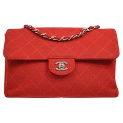 CHANEL Red Cotton Quilted Silver Tone Hardware Large Evening Shoulder Flap Bag