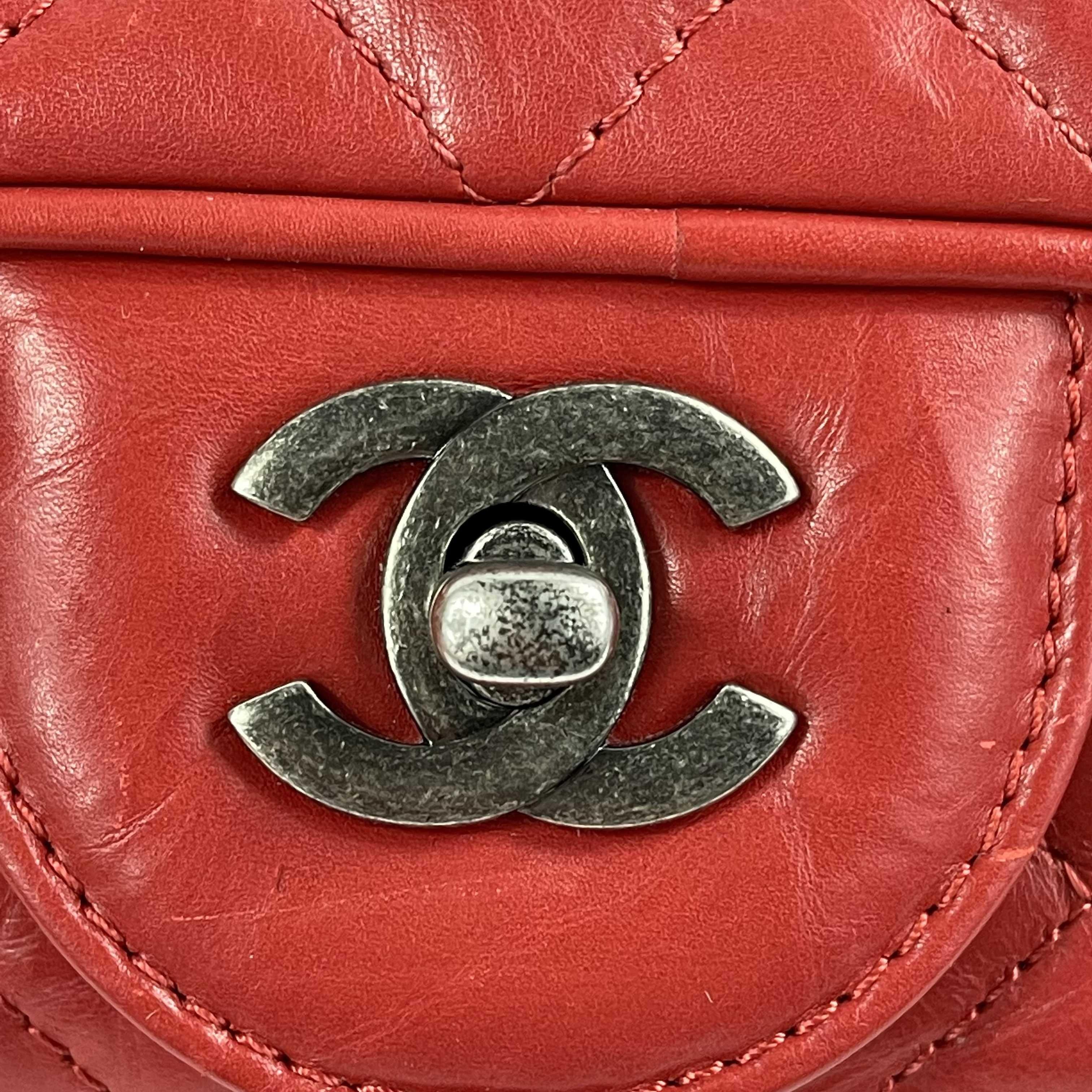 CHANEL Red Crinkled Leather Boy Chain Flap Bag / Silver-Aged  Shoulder Bag 4