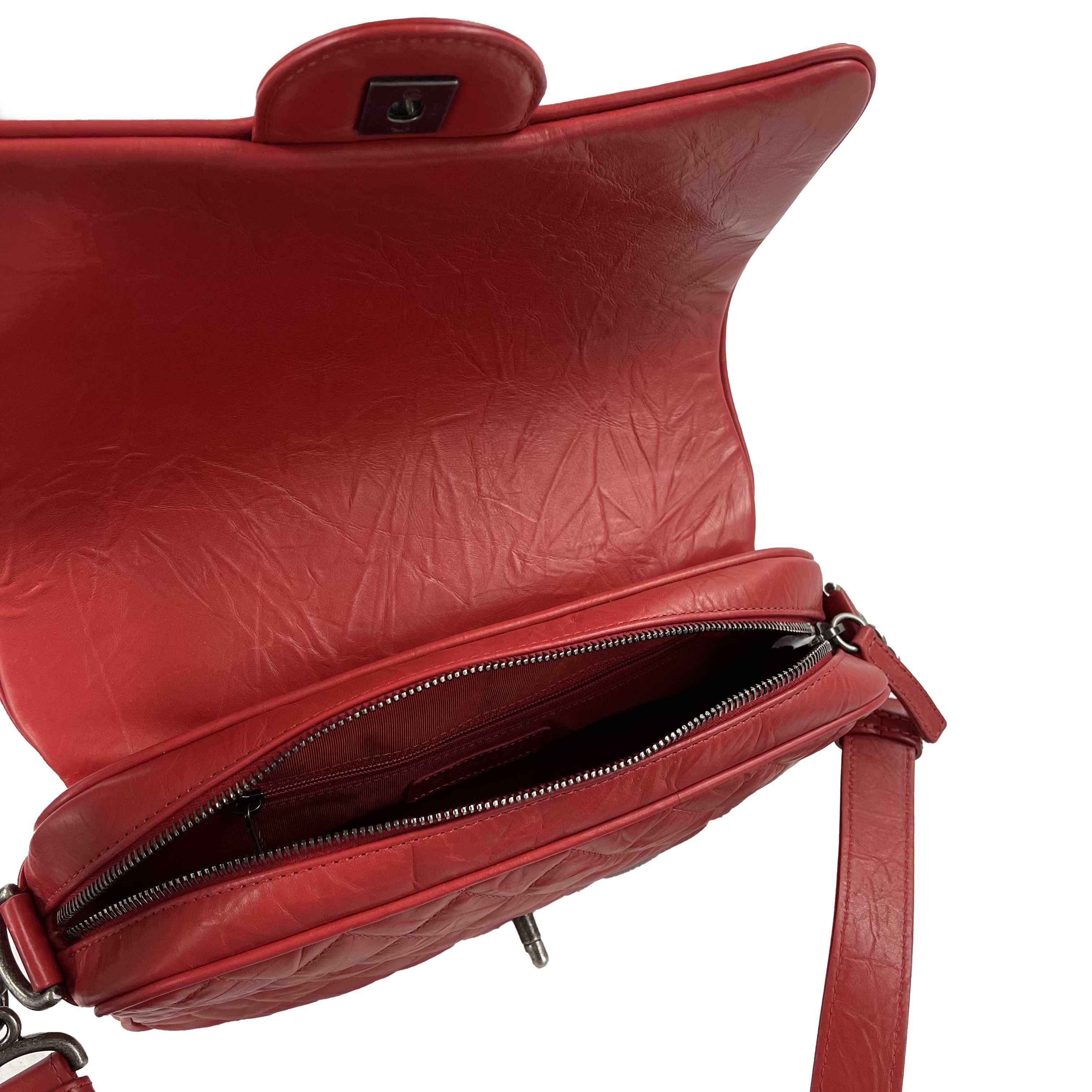 CHANEL Red Crinkled Leather Boy Chain Flap Bag / Silver-Aged  Shoulder Bag In Excellent Condition In Sanford, FL