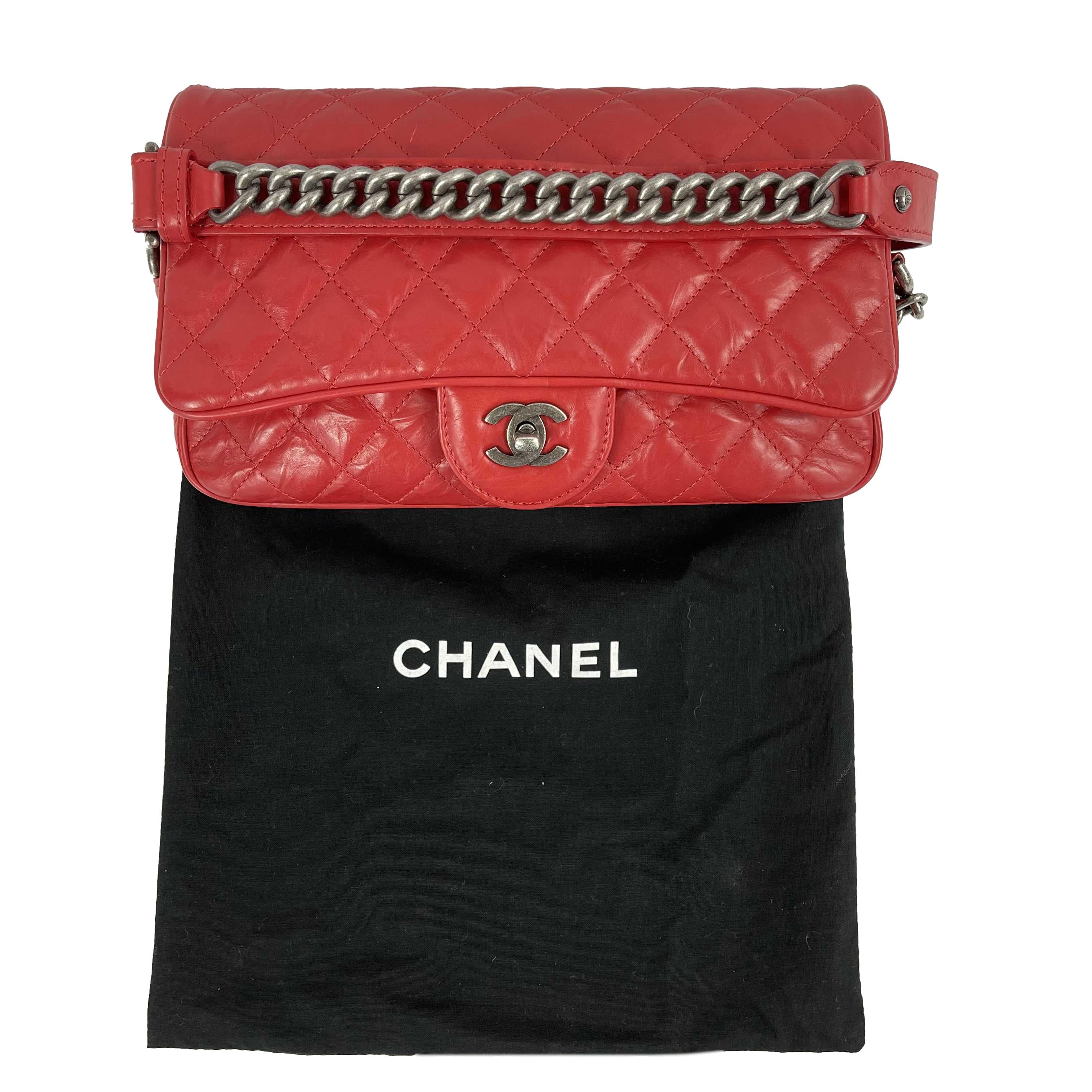 CHANEL Red Crinkled Leather Boy Chain Flap Bag / Silver-Aged  Shoulder Bag 1