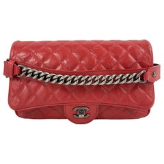 CHANEL Red Crinkled Leather Boy Chain Flap Bag / Silver-Aged Shoulder Bag