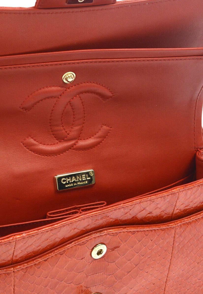 Women's Chanel Red Snakeskin Exotic Leather Gold Evening Double Shoulder Flap Bag