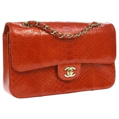 Chanel Red Snakeskin Exotic Leather Gold Evening Double Shoulder Flap Bag