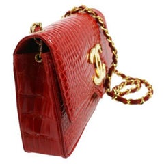 Chanel Red Crocodile Exotic Leather Gold Logo Small Evening Flap Shoulder Bag