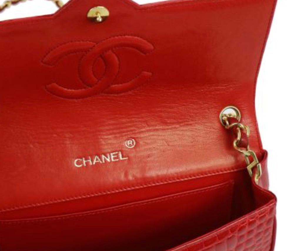 Women's Chanel Red Crocodile Exotic Leather Gold Logo Small Evening Flap Shoulder Bag