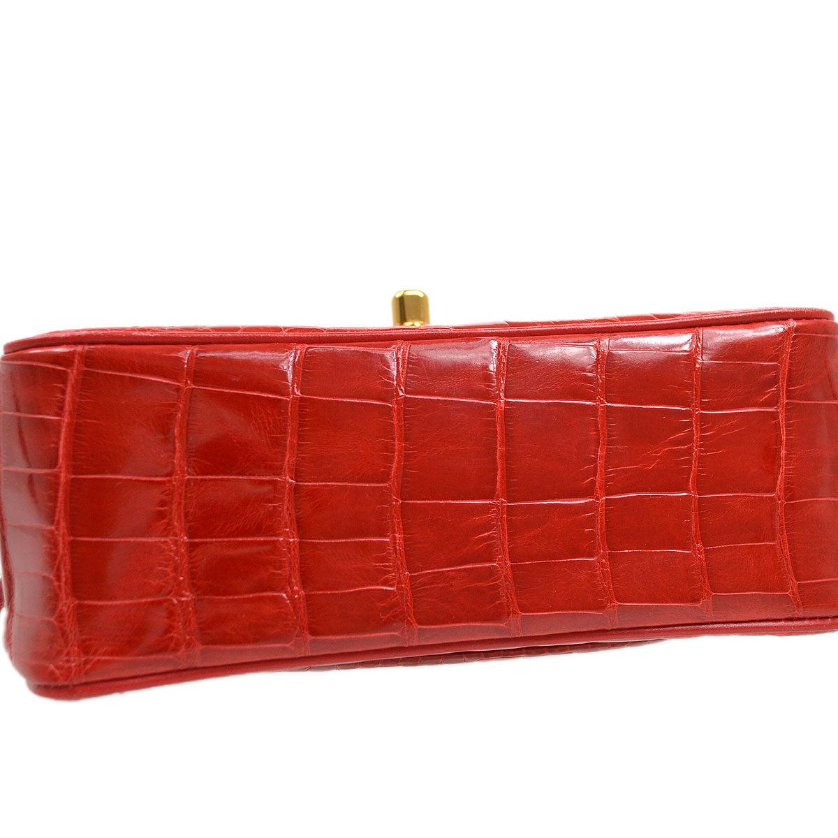 CHANEL Red Crocodile Exotic Leather Gold Small Mini Evening Shoulder Flap Bag In Good Condition In Chicago, IL