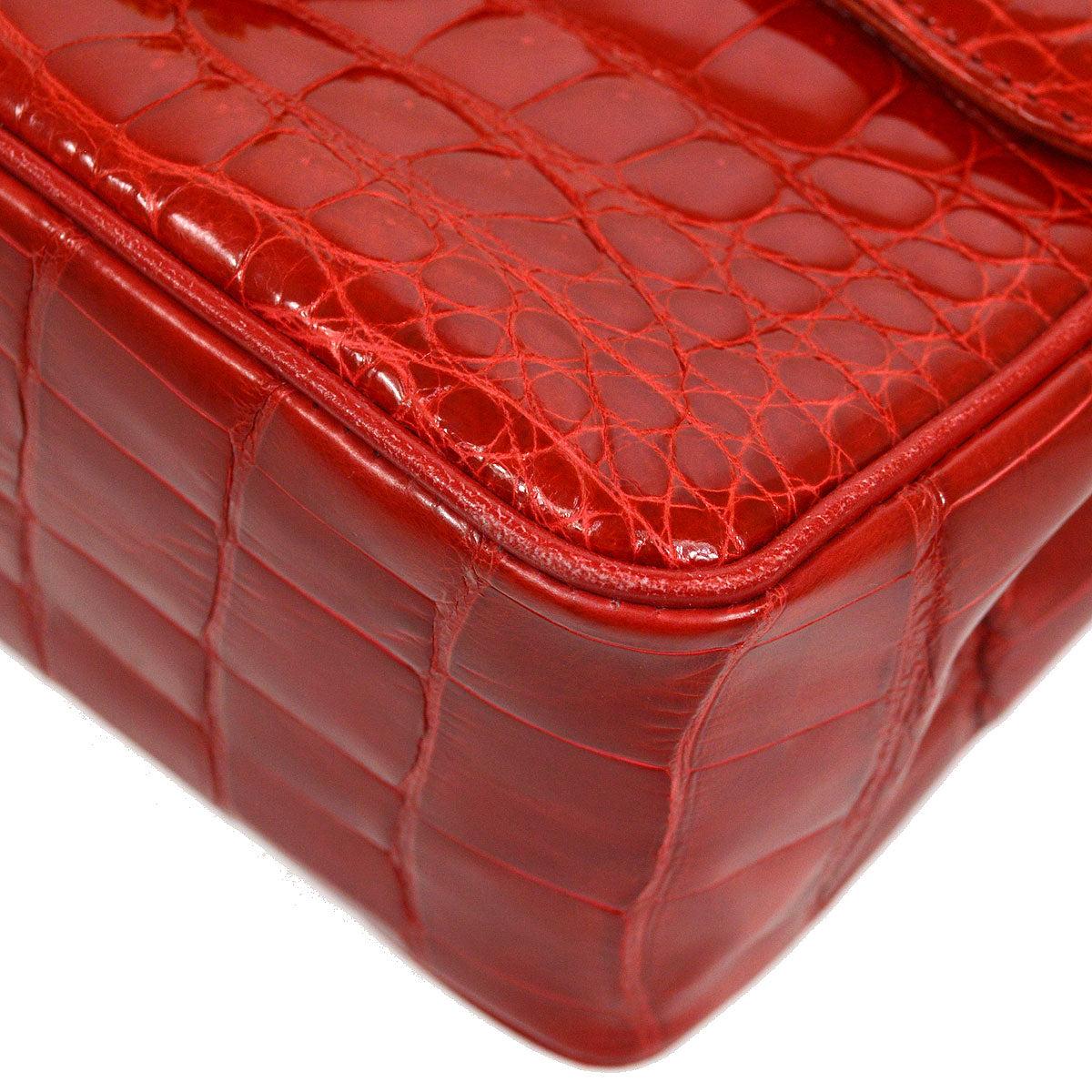 Women's CHANEL Red Crocodile Exotic Leather Gold Small Mini Evening Shoulder Flap Bag