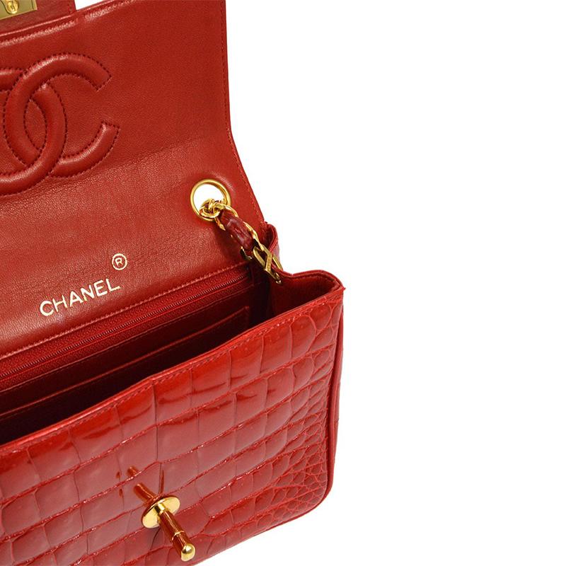 CHANEL Red Crocodile Exotic Leather Gold Small Mini Evening Shoulder Flap Bag 1