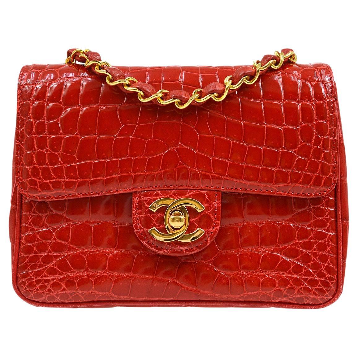 CHANEL SMALL ALLIGATOR SKIN CLASSIC DARK RED FLAP SHOULDER BAG. NEW &  AUTHENTIC