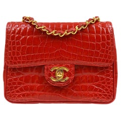 CHANEL Red Crocodile Exotic Leather Gold Small Mini Evening Shoulder Flap Bag