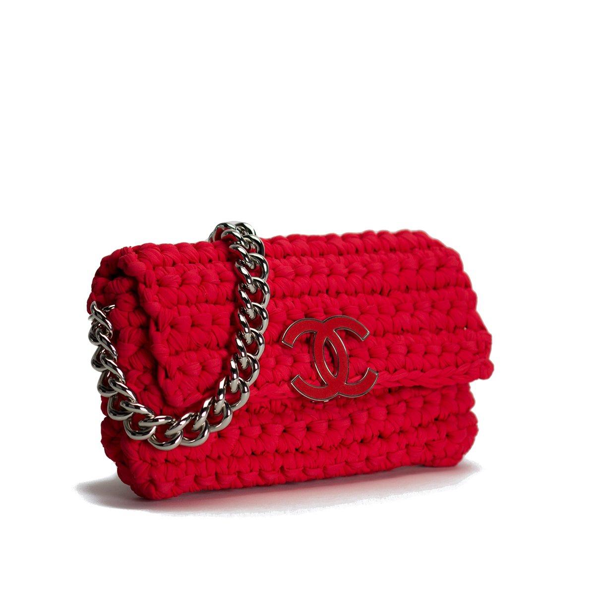 Women's or Men's Chanel Red Braided Crochet Flap Clasp Closure Large CC Shoulder Bag For Sale