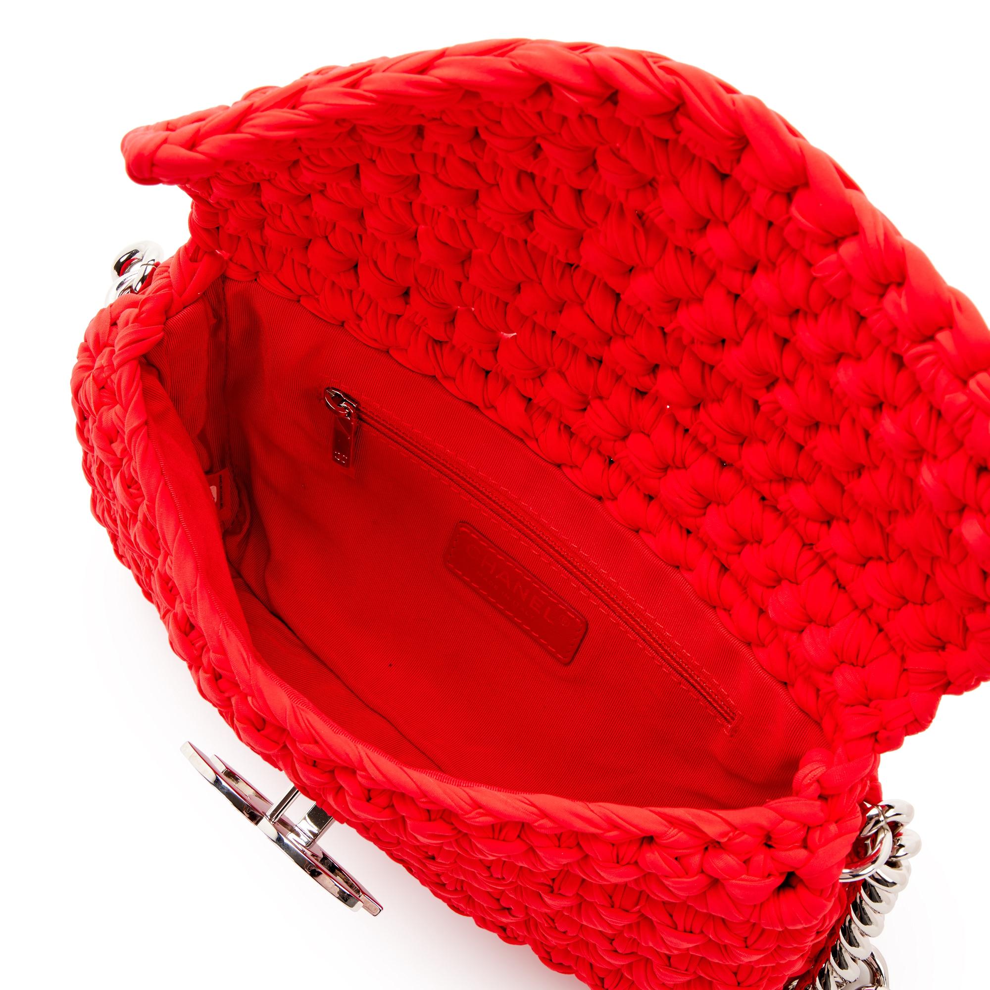 Chanel Red Braided Crochet Flap Clasp Closure Large CC Shoulder Bag For Sale 2
