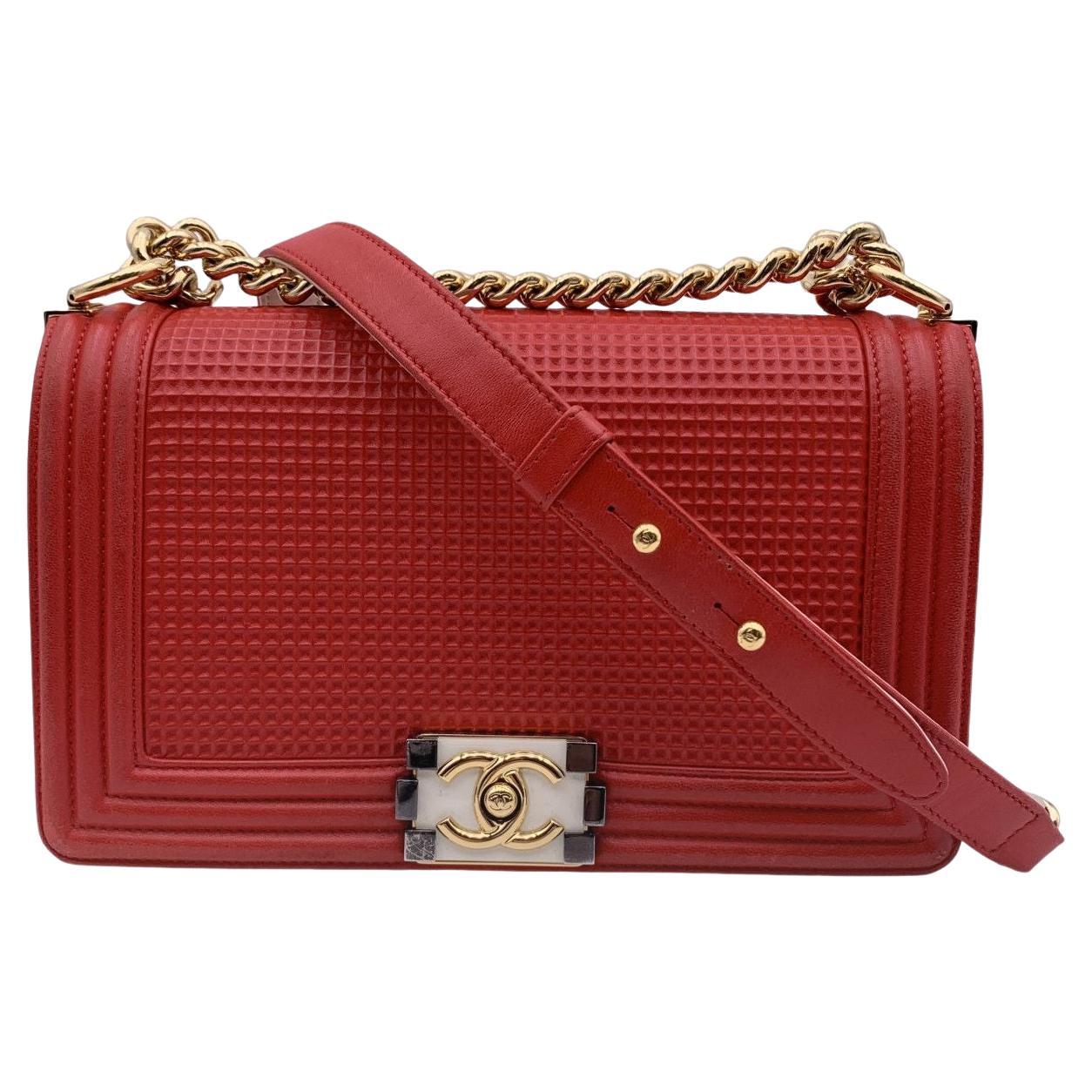 Chanel Red Cube Embossed Leather Medium Boy Shoulder Bag For Sale