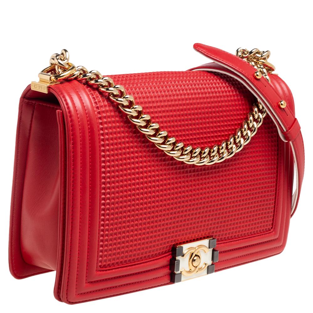 Women's Chanel Red Cube Embossed Leather New Medium Boy Flap Bag