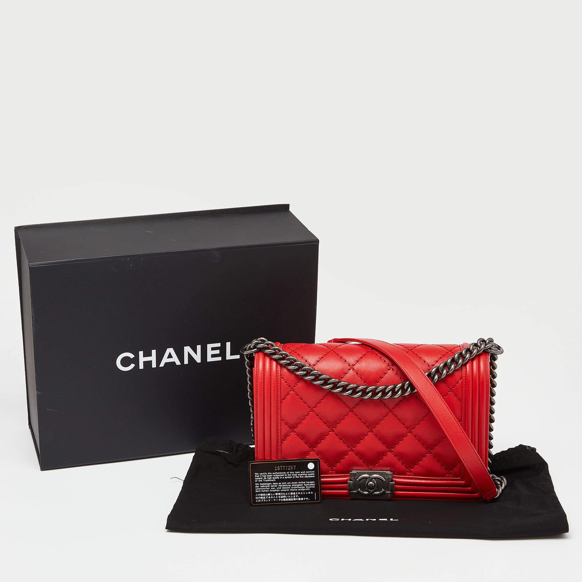 Chanel Red Diamond Stitch Quilted Leather New Medium Boy Bag 8