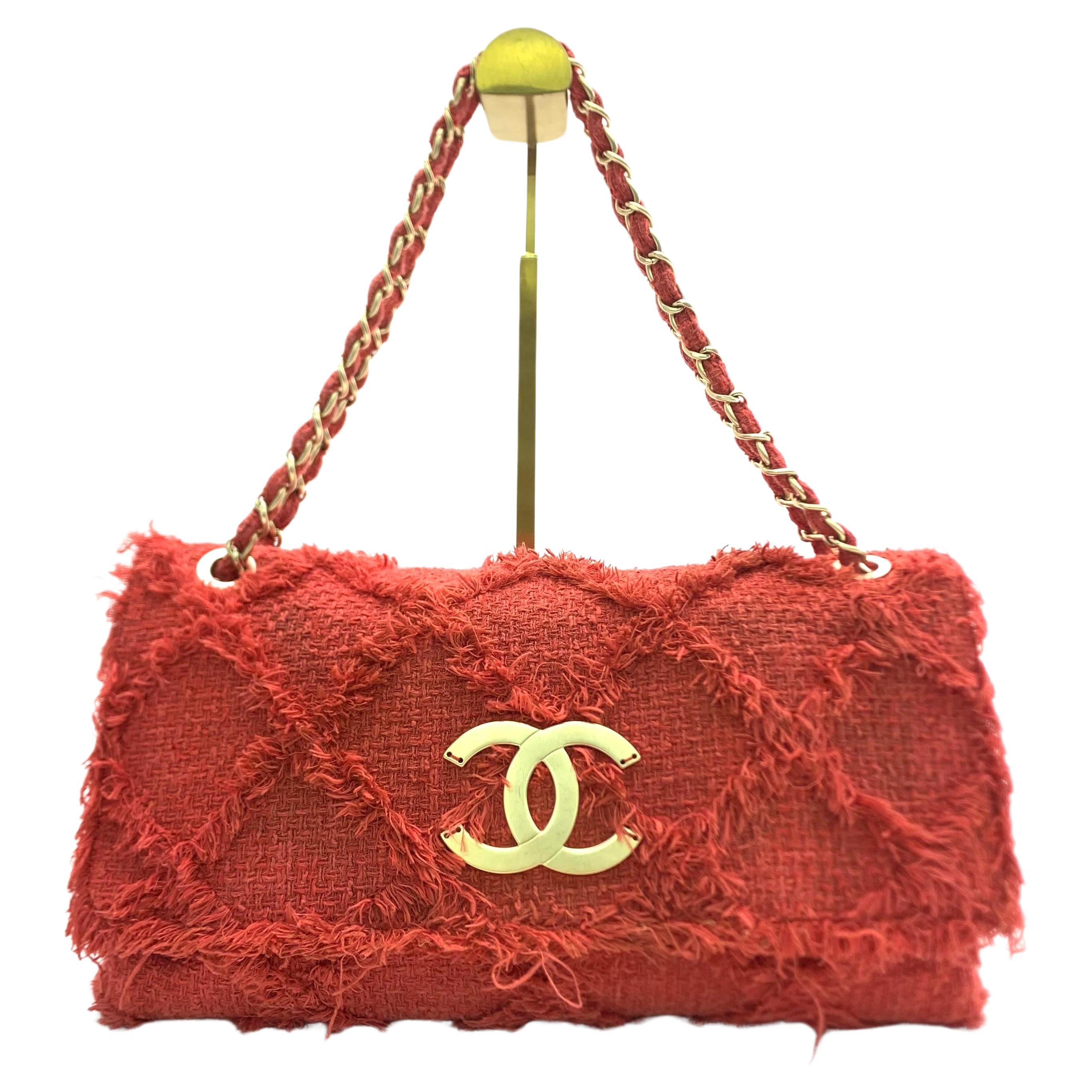 Chanel Red Diamond Stitch Tweed Maxi Nature Flap Bag For Sale