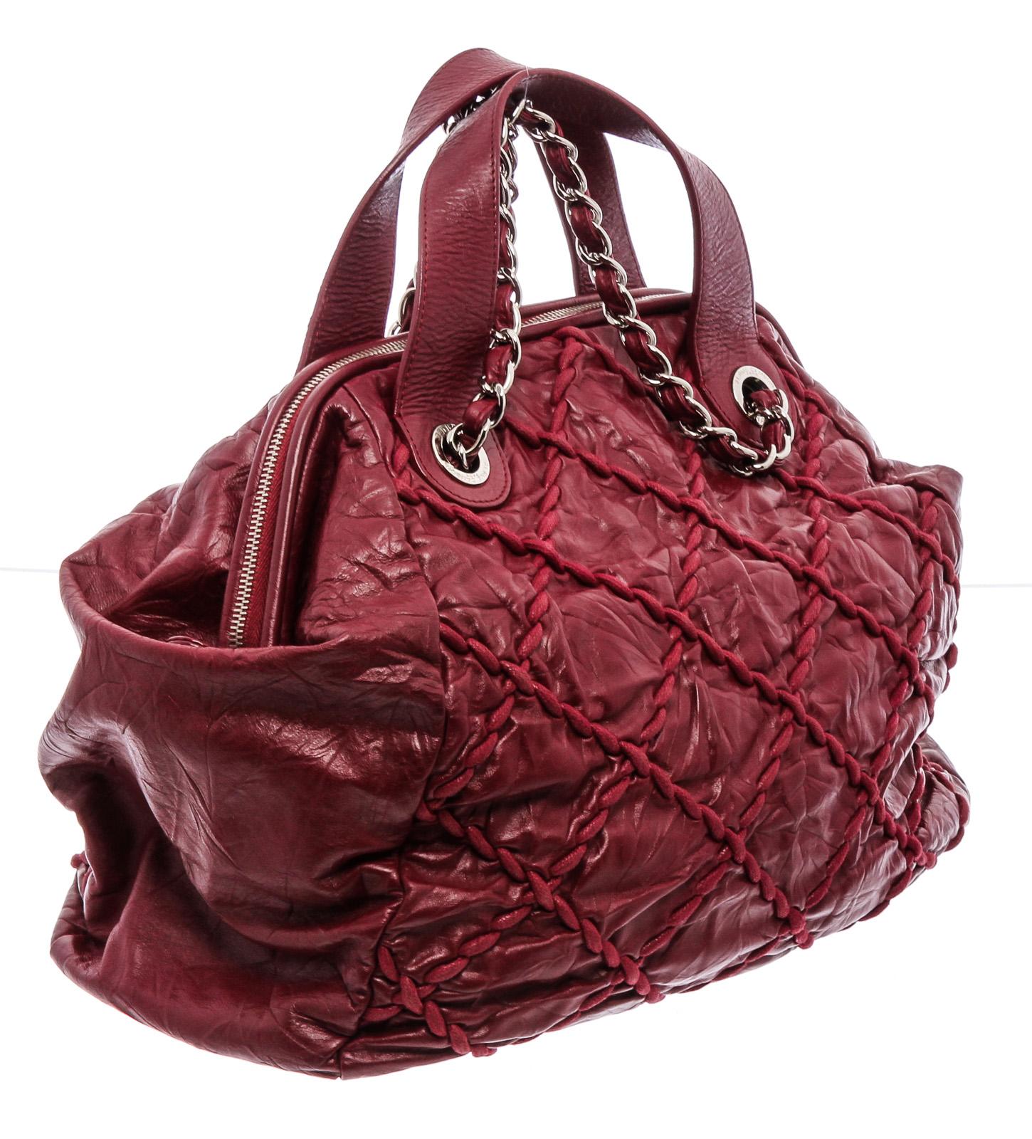 Brown Chanel Red Distressed Leather Ultra Stitch Bowler Bag