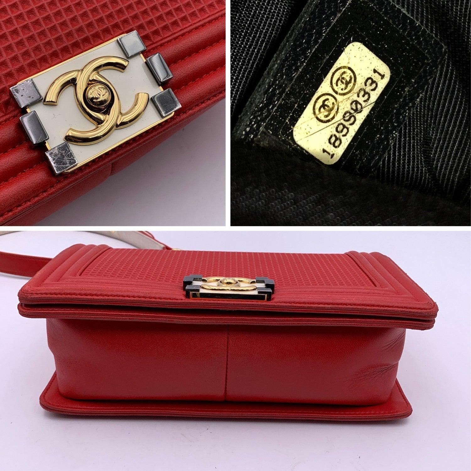 Women's Chanel Red Embossed Cube Leather Medium Boy Shoulder Bag