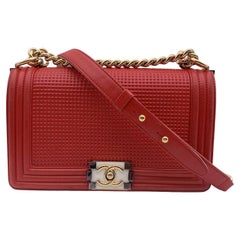 Chanel Red Embossed Cube Leather Medium Boy Shoulder Bag