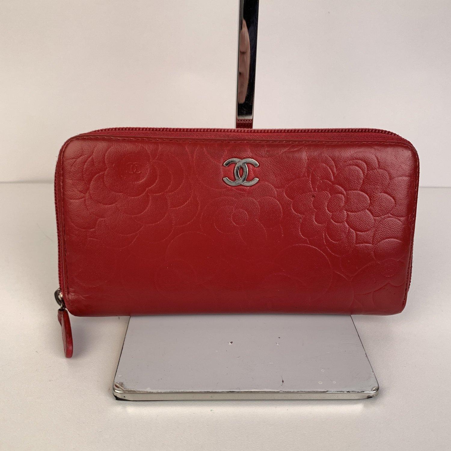 Chanel Red Embossed Leather Camellia Camelia Zip Around Wallet 3