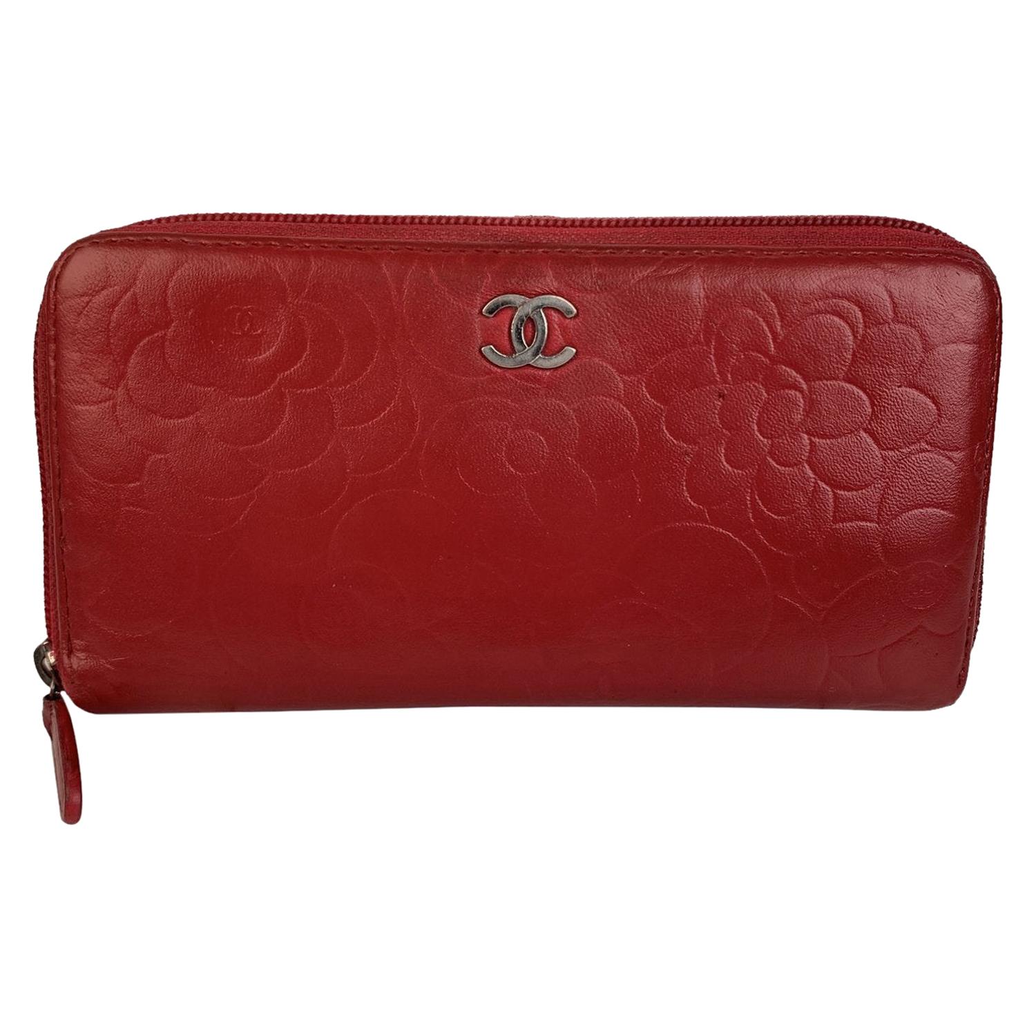 Chanel Red Embossed Leather Camellia Camelia Zip Around Wallet
