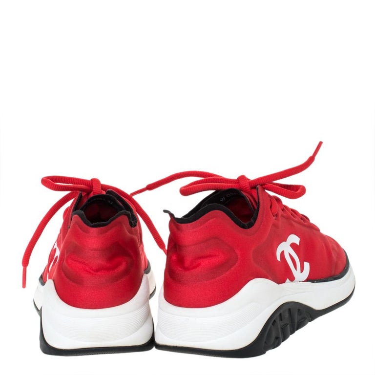 Chanel Red Fabric CC Lace Up Sneakers Size 37 For Sale at