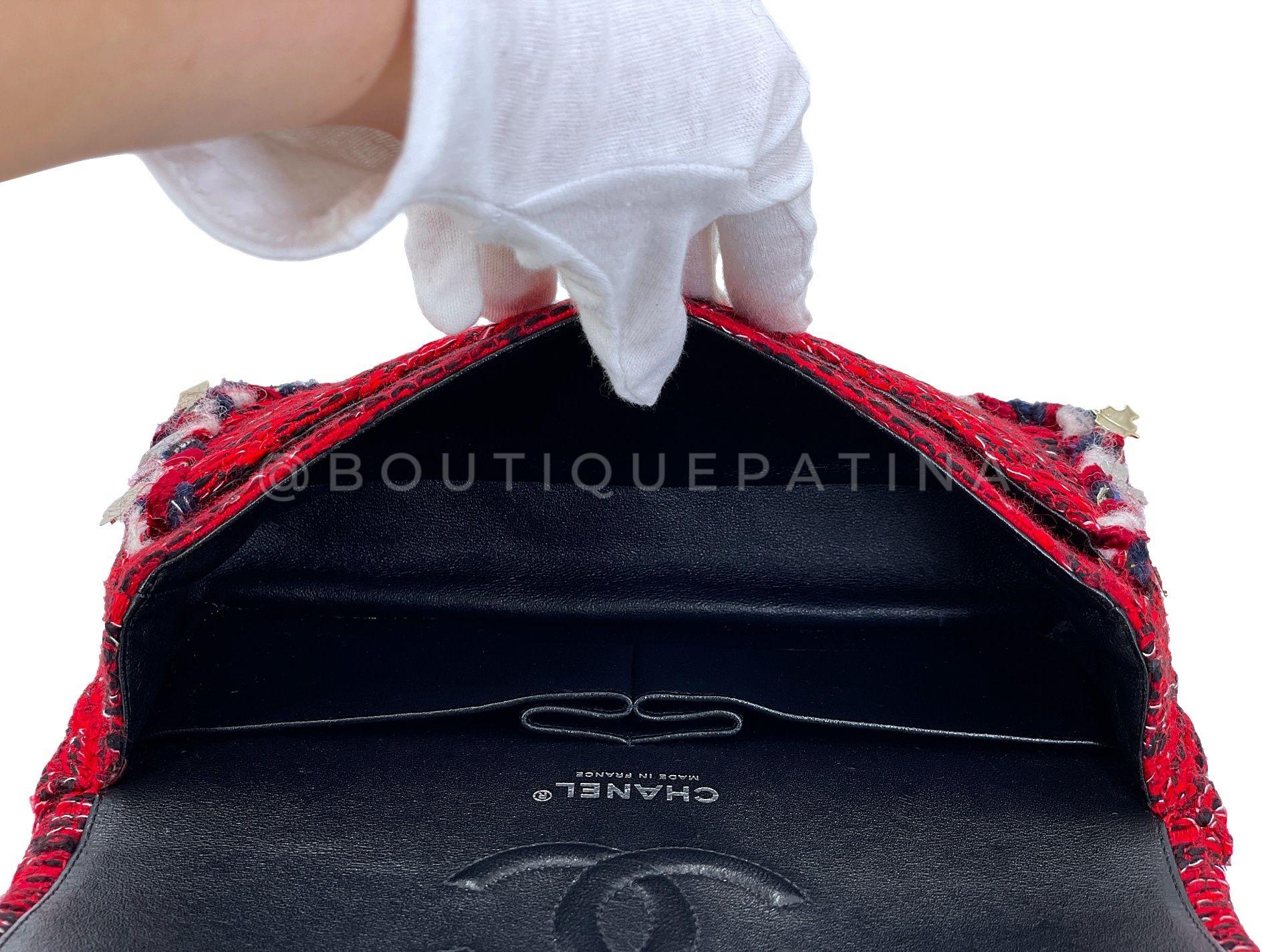 Chanel Red Fringe Tweed Charms Medium Classic Double Flap Bag SHW 68159 6