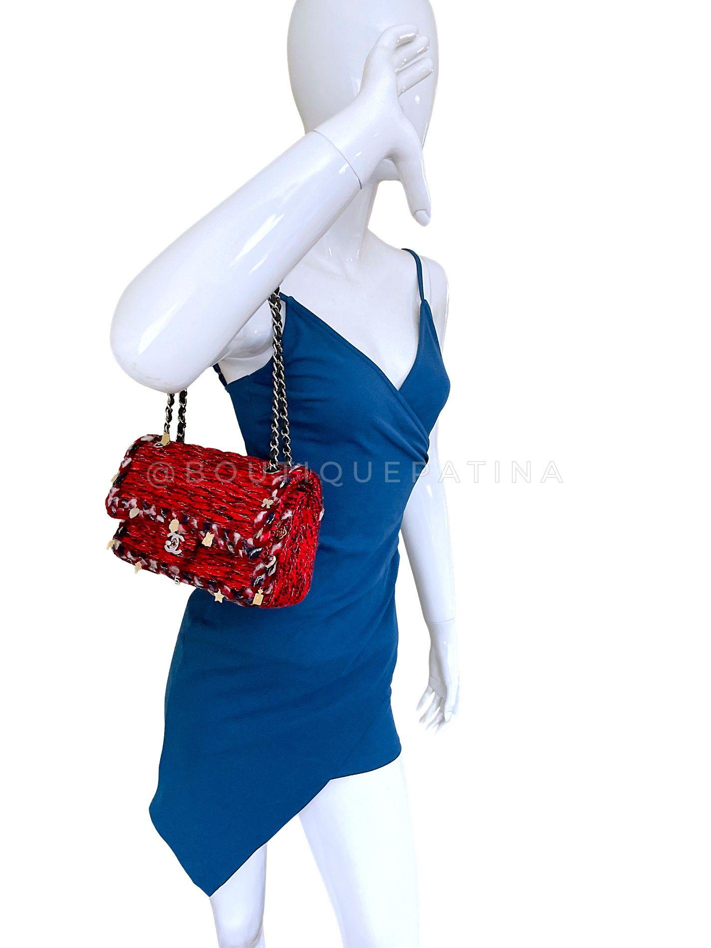 Chanel Red Fringe Tweed Charms Medium Classic Double Flap Bag SHW 68159 10