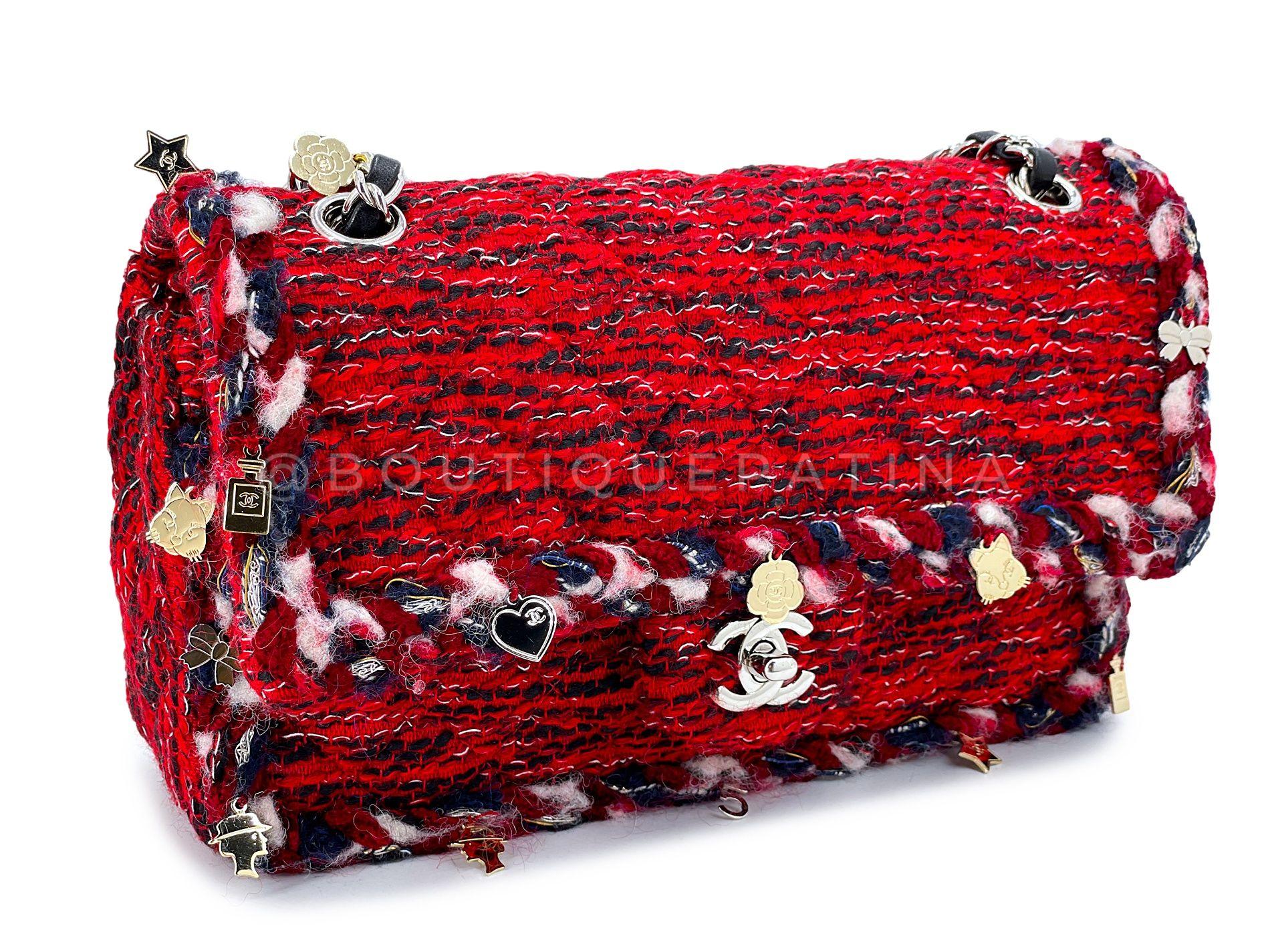 Chanel Red Fringe Tweed Charms Medium Classic Double Flap Bag SHW 68159 In Excellent Condition In Costa Mesa, CA