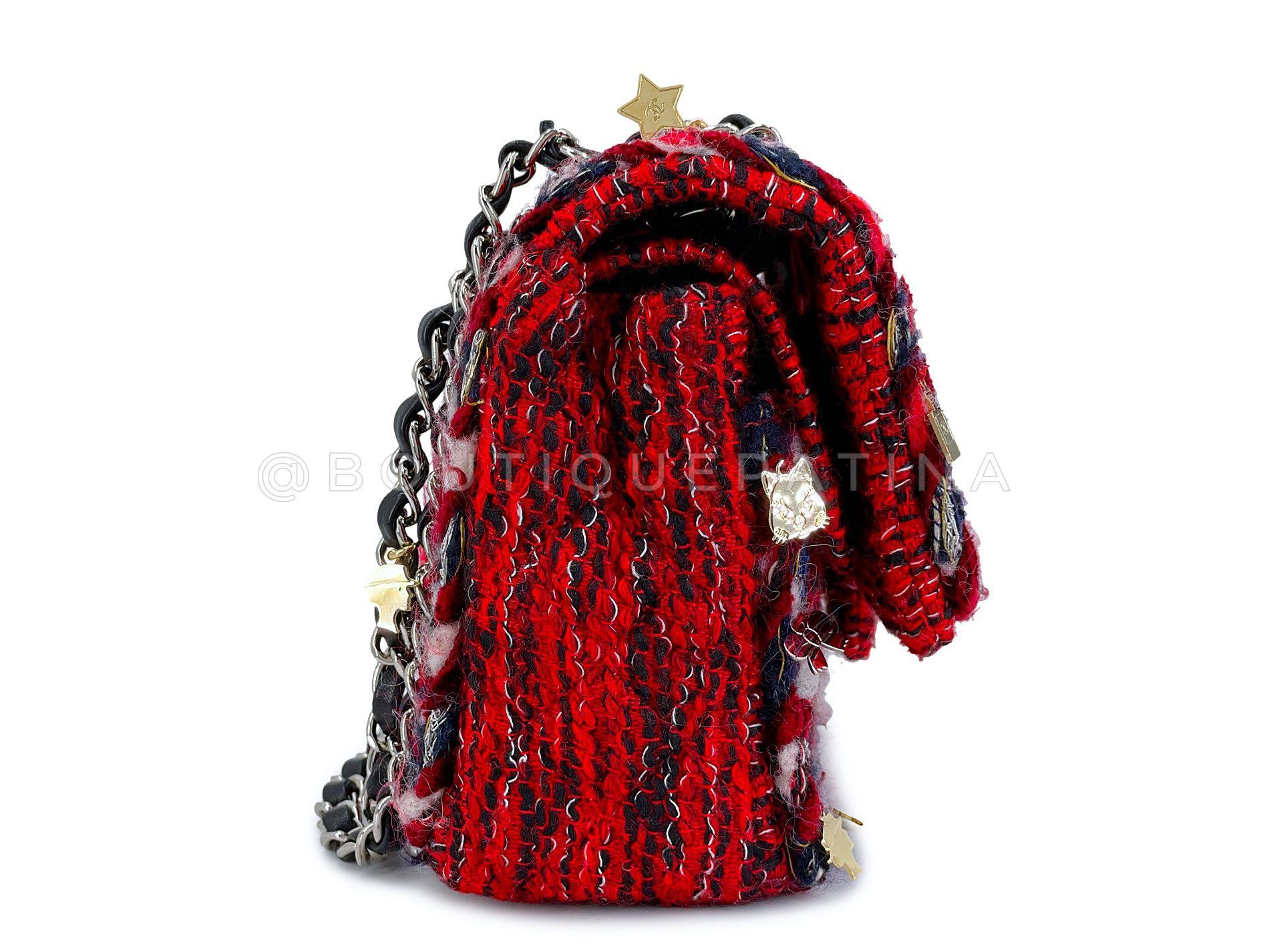 Women's Chanel Red Fringe Tweed Charms Medium Classic Double Flap Bag SHW 68159