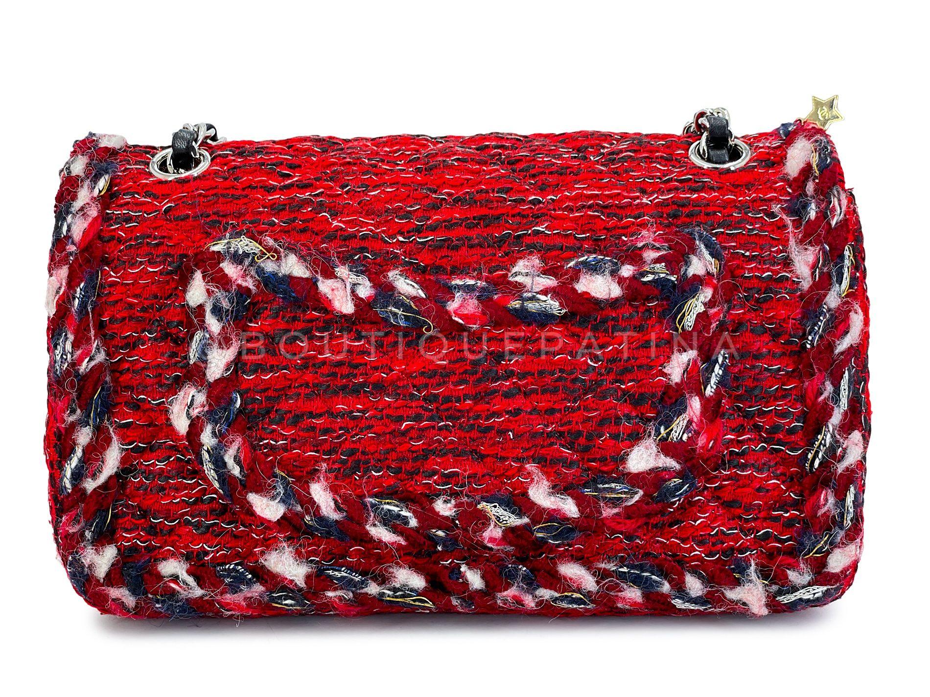 Chanel Red Fringe Tweed Charms Medium Classic Double Flap Bag SHW 68159 1