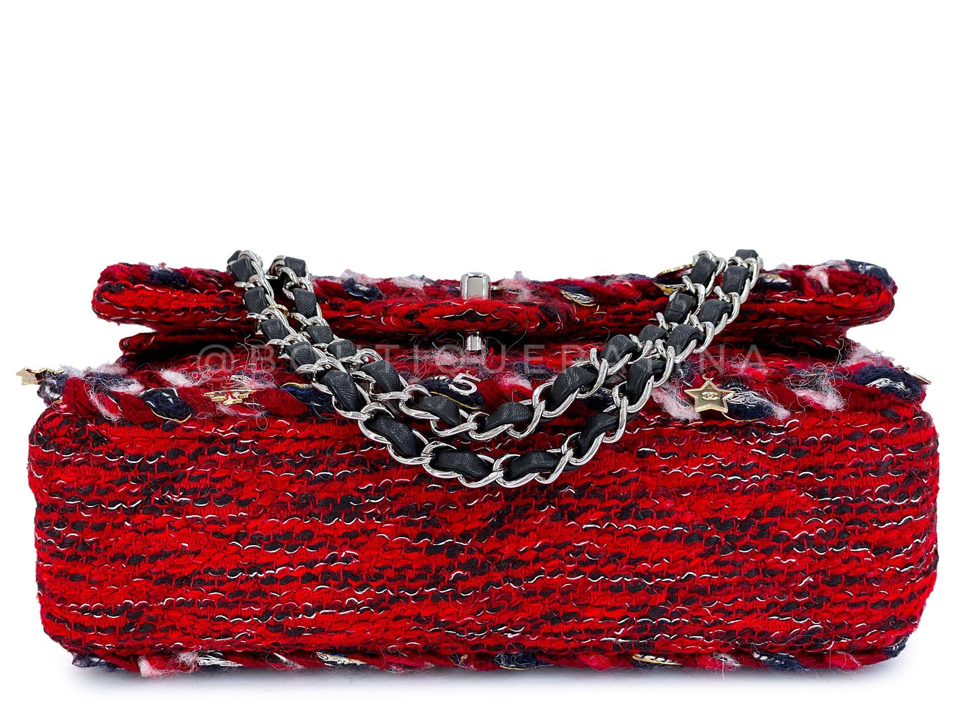 Chanel Red Fringe Tweed Charms Medium Classic Double Flap Bag SHW 68159 2