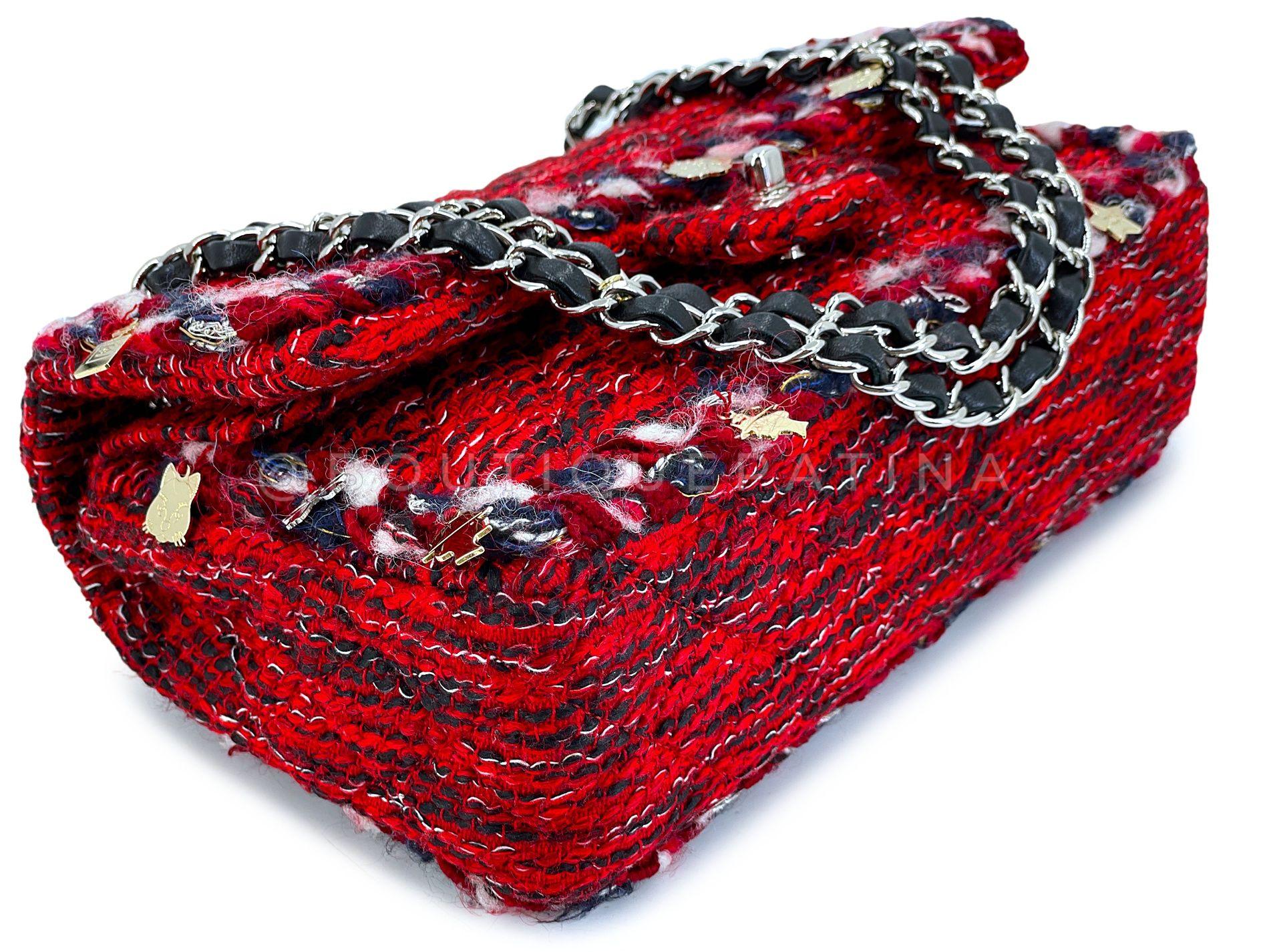 Chanel Red Fringe Tweed Charms Medium Classic Double Flap Bag SHW 68159 3