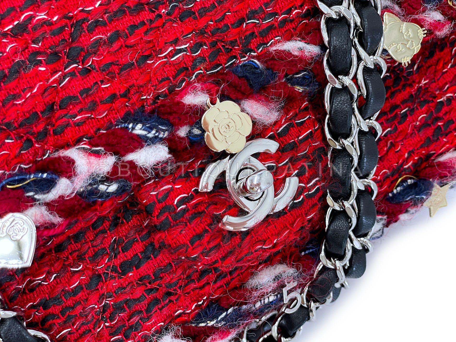 Chanel Red Fringe Tweed Charms Medium Classic Double Flap Bag SHW 68159 4