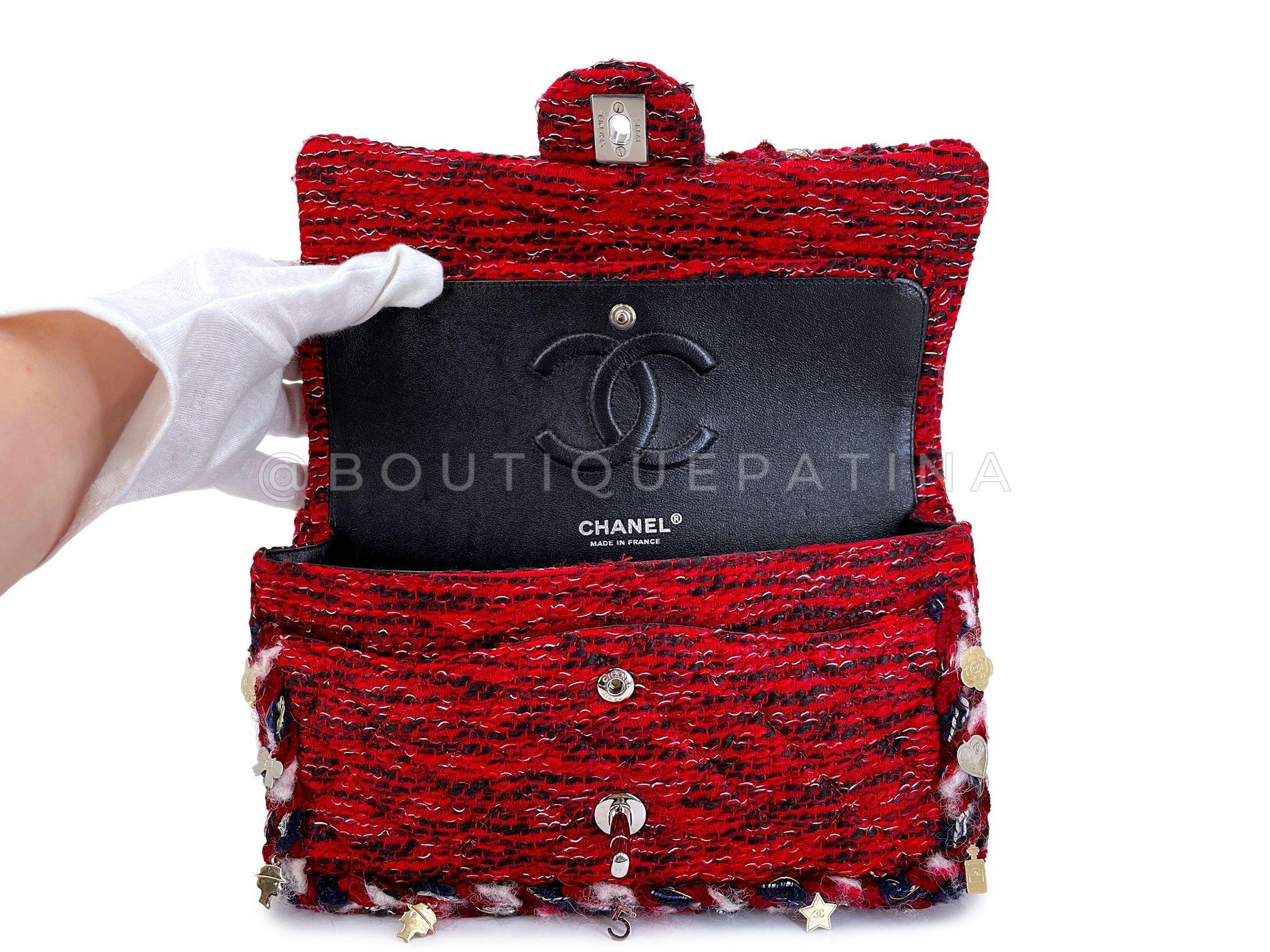 Chanel Red Fringe Tweed Charms Medium Classic Double Flap Bag SHW 68159 5