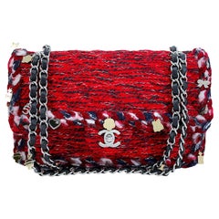 Vintage Chanel Red Fringe Tweed Charms Medium Classic Double Flap Bag SHW 68159