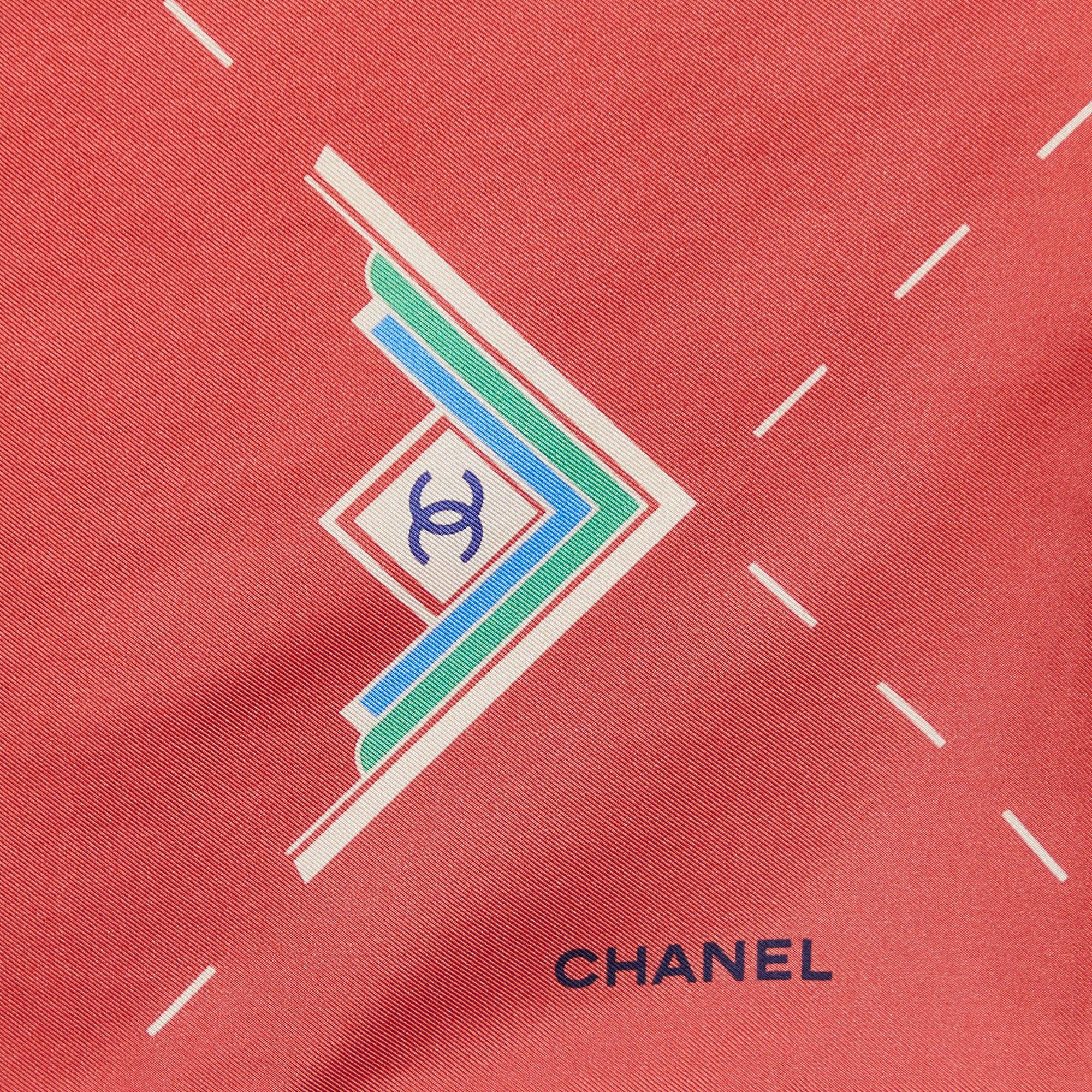 Women's Chanel Red Geometric Logo Print Silk Square Scarf For Sale
