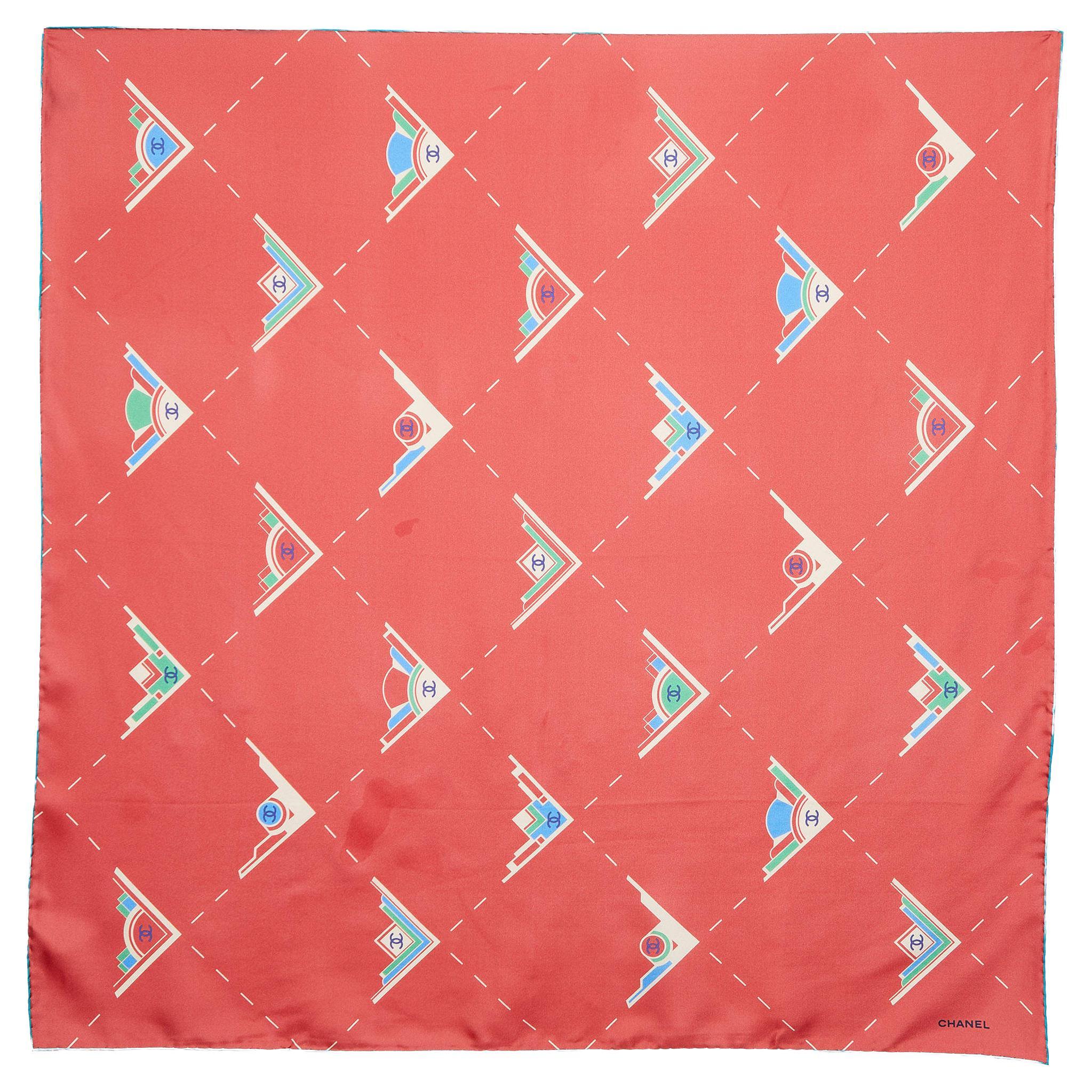 Chanel Red Geometric Logo Print Silk Square Scarf For Sale