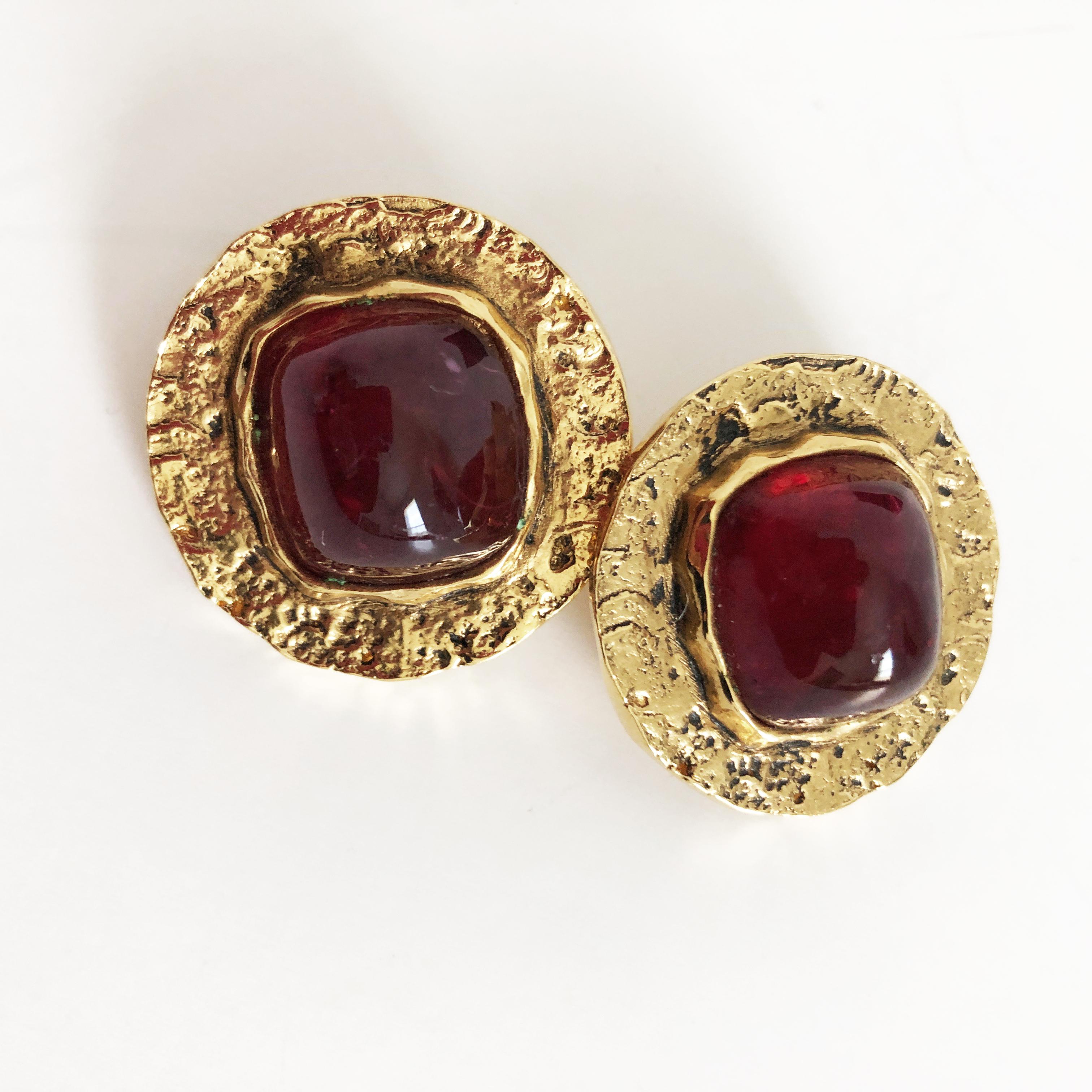 Baroque Chanel Red Glass Earrings with Textured Gold Setting Goossens Vintage 70s 