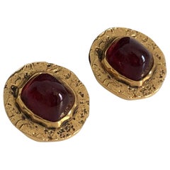 Chanel Red Glass Earrings with Textured Gold Setting Goossens Vintage 70s