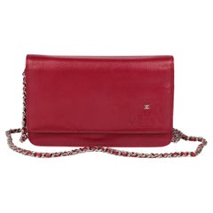 Used Chanel Red Goatskin Leather Mademoiselle Jacket Embossed Wallet-On-Chain WOC