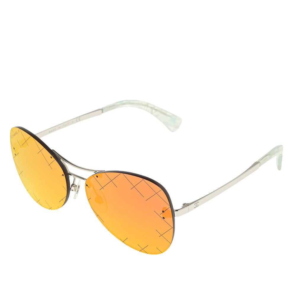 Chanel Rot/Gold Acetat 4218 Gesteppter Randloser Spiegel Aviator-Sonnenbrille (Orange)